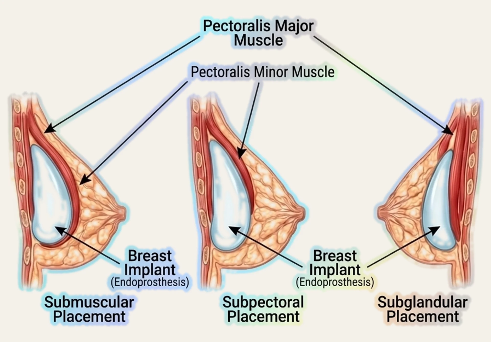 근육하, 대흉근하, 유선하 보형물 위치를 비교한 단면도